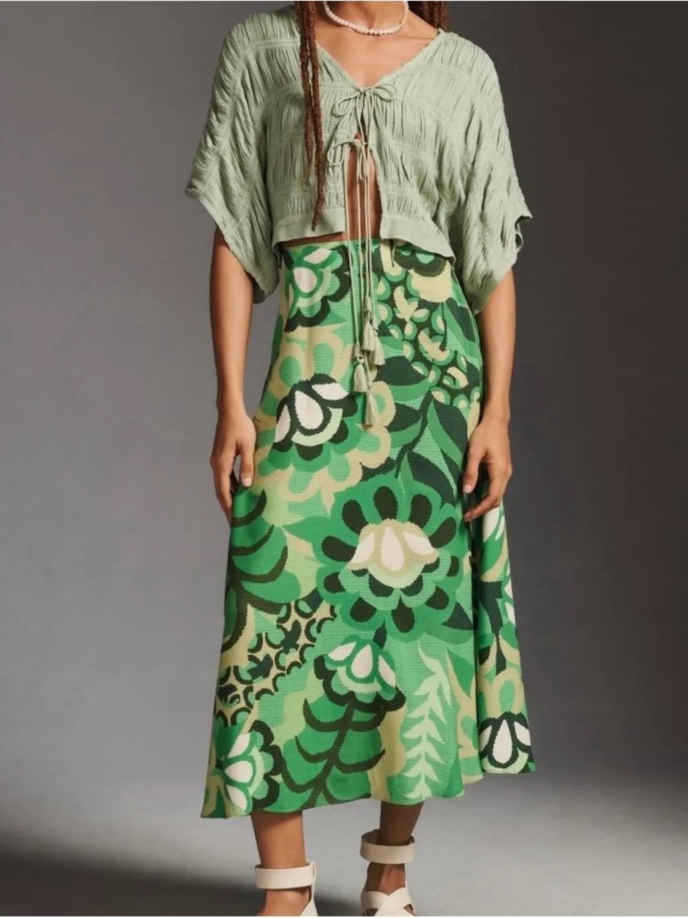 FARM Rio Green Multi Floral A-Line Midi Skirt - Picture 2 of 5